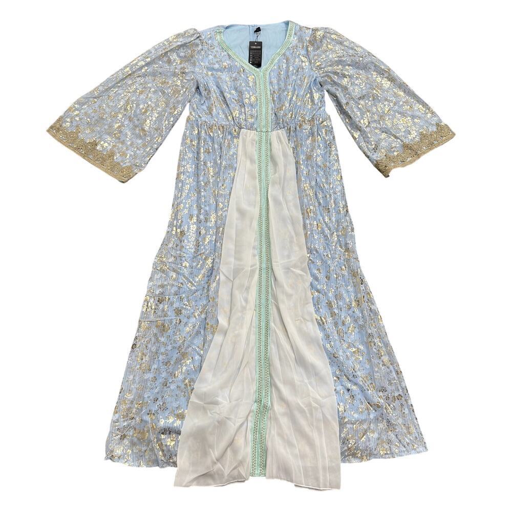 Women's V-Neck Traditional Floral Print Maxi Dress in Blue/Gold, Size 2XL​​
